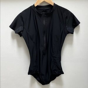 NWOT One Piece Black Short-Sleeve Zip Front Swimsuit